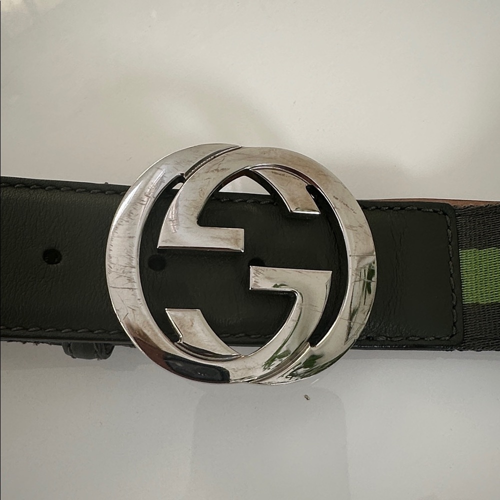 Authentic Gucci Green Canvas & Leather Belt with  Silver GG Buckle - Picture 3 of 11